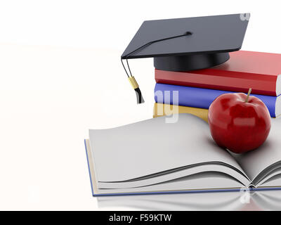 Moteur de rendu 3d image. Livre ouvert avec une pomme, Graduation cap et pile de livres. Concept de l'éducation. Isolé sur fond blanc Banque D'Images