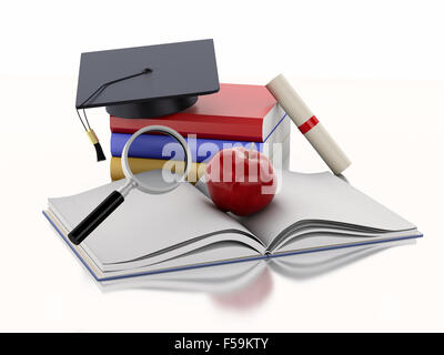 Moteur de rendu 3d image. Livre ouvert avec une pomme, Graduation cap, diplôme et pile de livres. Concept de l'éducation. Isolé sur bac blanc Banque D'Images
