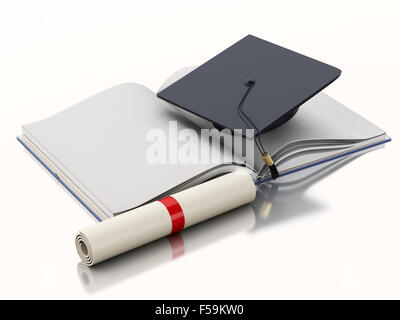 Moteur de rendu 3d illustration. Livre ouvert avec graduation cap et diplôme. Concept de l'éducation. Isolé sur fond blanc Banque D'Images