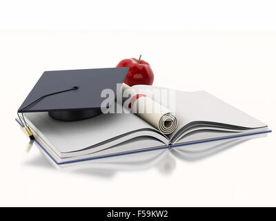 Moteur de rendu 3d illustration. Livre ouvert avec graduation cap et diplôme. Concept de l'éducation. Isolé sur fond blanc Banque D'Images