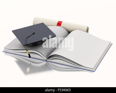 Moteur de rendu 3d illustration. Livre ouvert avec graduation cap et diplôme. Concept de l'éducation. Isolé sur fond blanc Banque D'Images