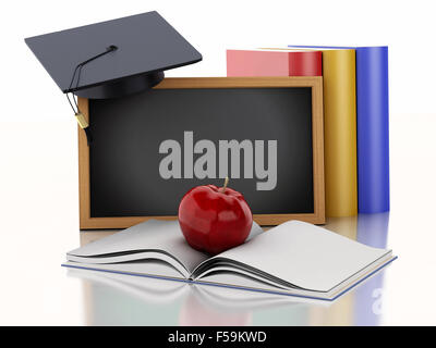 Moteur de rendu 3d illustration. Tableau noir avec graduation cap et des livres. L'éducation scolaire concept sur fond blanc Banque D'Images