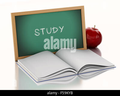 Moteur de rendu 3d illustration. Tableau noir avec livre ouvert et une pomme rouge. L'éducation scolaire concept sur fond blanc Banque D'Images