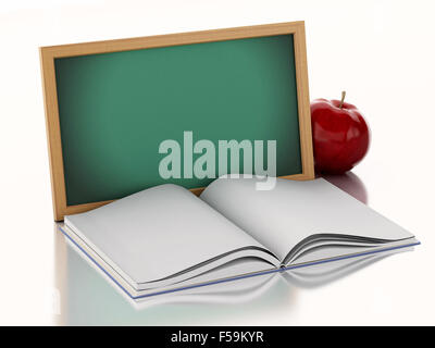 Moteur de rendu 3d illustration. Tableau noir avec livre ouvert et une pomme rouge. L'éducation scolaire concept sur fond blanc Banque D'Images