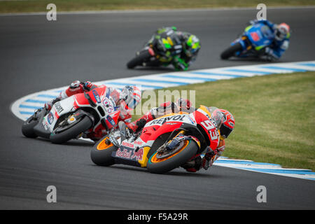 La première séance d'essais libres des 2015 Grand Prix Moto d'Australie Pramac. Marc Márquez mène de l'avant. Banque D'Images