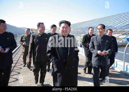 Pyongyang. 31 octobre, 2015. Photo fournie par Korean Central News Agency (KCNA) Le 31 octobre 2015 montre top chef de la République populaire démocratique de Corée (RPDC) Kim Jong Un (avant) de donner des conseils sur le terrain à la barbue de Pyongyang, RPDC Pyongyang à la ferme. Credit : KCNA/Xinhua/Alamy Live News Banque D'Images