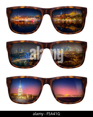 Lunettes à la mode avec un reflet d'un beau panorama d'Istanbul isolated on white Banque D'Images