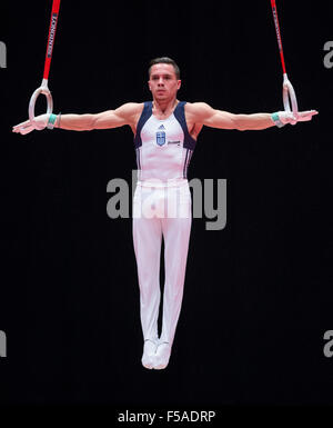 Glasgow, Ecosse. 31 octobre, 2015. FIG Championnats du monde de gymnastique artistique. Jour 9. Eleftherios PETROUNIAS (GRE) pendant la finale des anneaux et remporte l'or. Credit : Action Plus Sport/Alamy Live News Banque D'Images