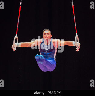 Glasgow, Ecosse. 31 octobre, 2015. FIG Championnats du monde de gymnastique artistique. Jour 9. Brandon WYNN (USA) au cours de sa routine dans les anneaux Final. Credit : Action Plus Sport/Alamy Live News Banque D'Images