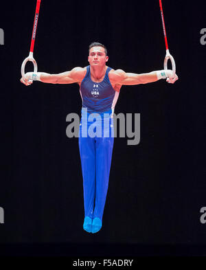 Glasgow, Ecosse. 31 octobre, 2015. FIG Championnats du monde de gymnastique artistique. Jour 9. Brandon WYNN (USA) au cours de sa routine dans les anneaux Final. Credit : Action Plus Sport/Alamy Live News Banque D'Images