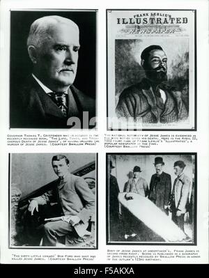 1958 - LES GOUVERNEURS Thomas T. Crittenden qui est accusé dans le livre récemment réédité, ''La vie, l'époque, et la mort de Jesse James, '' d'avoir ordonné l'assassinat de Jesse James. La notoriété nationale de Jesse James est évidente dans le large avis donné à sa mort. Ici, c'est le 22 avril 1882 Première page de Frank Leslie's ''Illustré'', un journal populaire de l'époque. ''Le sale petit lâche'' Bob Ford qui a tué Jess James. Corps de Jess James au pompes funèbres. Frank James est deuxième à partir de la droite. Scène est publiée dans une biographie de James a récemment réédité par avaler Appuyez sur i Banque D'Images