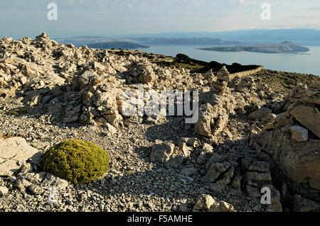 Kamenjak le sommet de l'île de Rab avec d'autres îles dans l'arrière-plan, golfe de Kvarner, Primorje-Gorski Kotar, Croatie Banque D'Images