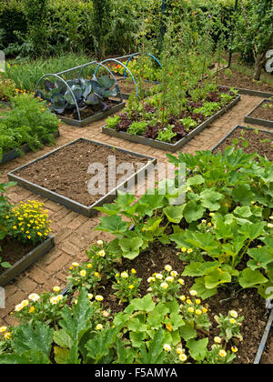 Cottage jardin potager avec de petites allées pavées de briques et de lits, le Barnsdale Jardins, Rutland, England, UK. Banque D'Images