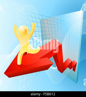 Un heureux mascot sur un concept d'entreprise flèche graphique rouge Banque D'Images