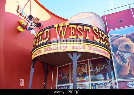 Entrée de Buffalo Bill's Wild West Show dans le Disney Village, Disneyland Paris Marne-la-Vallée Chessy France Banque D'Images