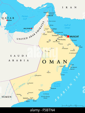 Carte politique d'Oman Mascate, la capitale avec des frontières nationales et des villes importantes. English l'étiquetage et à l'échelle. L'illustration. Banque D'Images