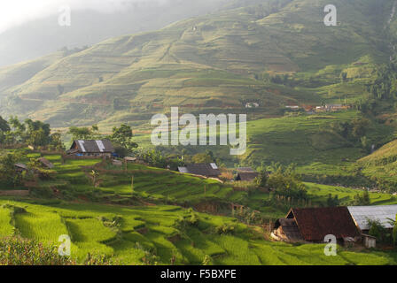 Coucher du soleil dans les rizières en terrasses à proximité du village lao Chai. Sapa Trekking à Lao Chai. Le Vietnam. Banque D'Images