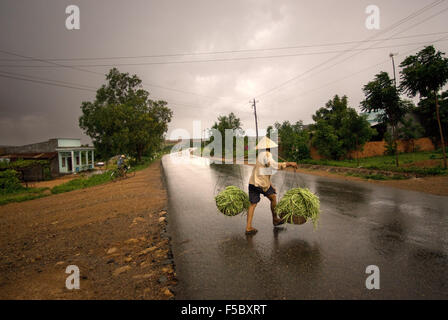 Une femme retourne au champ après une pluie sur une route à la périphérie de Mui Ne. Le Vietnam. Banque D'Images