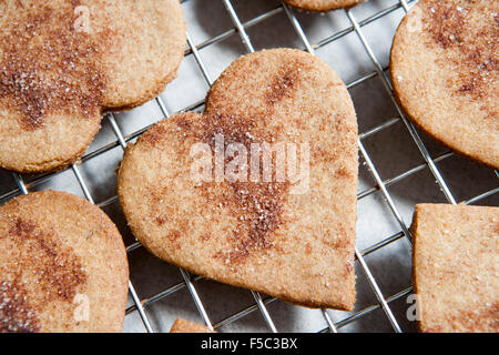 Heart-Shaped Cookies biscuits Graham saupoudré de sucre sur grille de refroidissement, Close-Up Banque D'Images