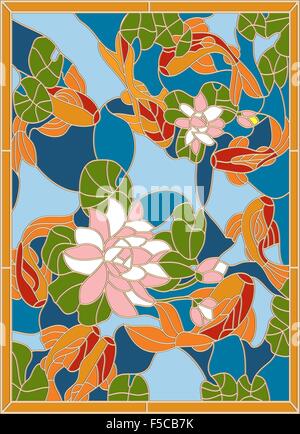 Vitrail avec le poisson sur le fond de fleurs et de feuilles.Vector Illustration de Vecteur