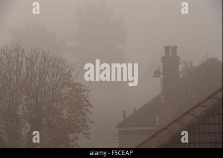 Wimbledon, Londres, Royaume-Uni. 1er novembre 2015. Un épais brouillard descend vers le coucher de soleil sur SW London en banlieue. Credit : Malcolm Park editorial/Alamy Live News Banque D'Images