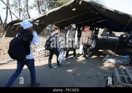 Berkasovo, Srbsko. 31 octobre, 2015. Plus de 100 bénévoles tchèque opèrent au Berkasovo-Bapska point de contrôle à la frontière entre la Serbie et la Croatie, d'aider les milliers de migrants en route pour l'Union européenne, le 31 octobre 2015. © Sarka Mrazova/CTK Photo/Alamy Live News Banque D'Images