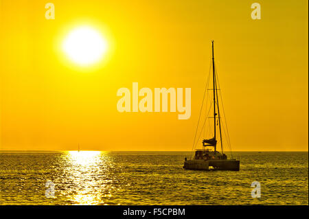 Voilier Catamaran sur le coucher du soleil sur la mer ouverte d'or Banque D'Images