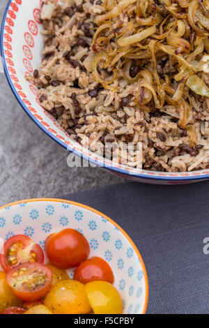 Le riz du Moyen-Orient avec les lentilles et oignons frits Banque D'Images