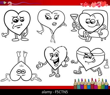 La Saint-Valentin et l'Amour Collection Thèmes Ensemble d'illustrations en noir et blanc avec des caractères de dessin animé coeur pour Coloring Book Illustration de Vecteur