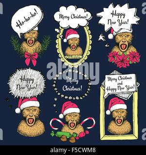 Croquis Nouvelle Année monkey avec bulle en style vintage, vector set Illustration de Vecteur