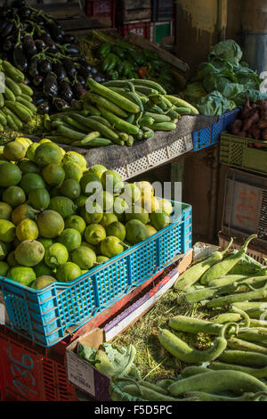 Une sélection de salades fraîches, légumes et herbes pour la vente au marché de légumes au Souk El Had, Agadir, Maroc Banque D'Images