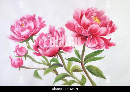 Fleurs de pivoines rose gros plan sur un fond de papier de riz, peinture de style asiatique. Banque D'Images
