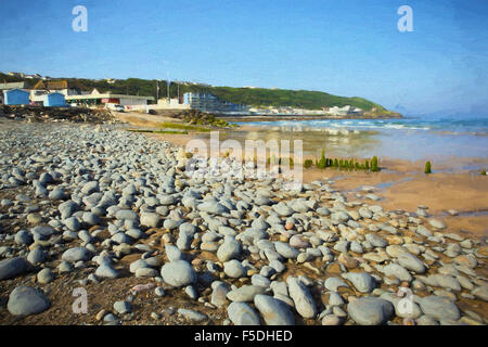 Galets et rochers Westward Ho beach Devon England uk village balnéaire illustration comme la peinture à l'huile Banque D'Images