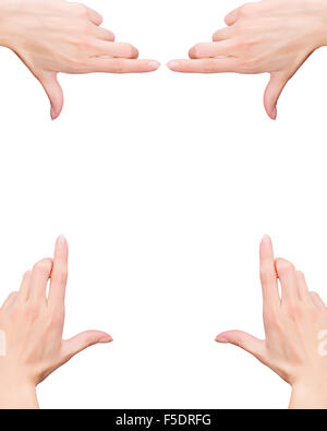 Woman's hands gesturing le cadre rectangulaire isolé sur fond blanc Banque D'Images
