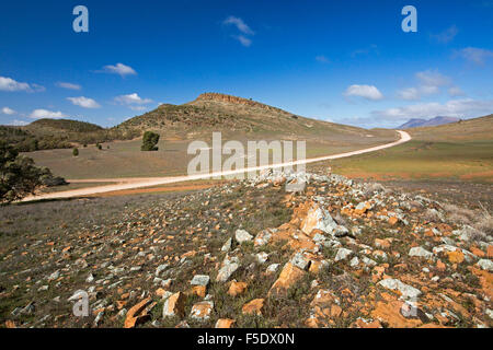 Longue route à travers un paysage aride et pierreux autour de collines du Parc national de Flinders Ranges sous ciel bleu dans le sud de l'Australie outback Banque D'Images