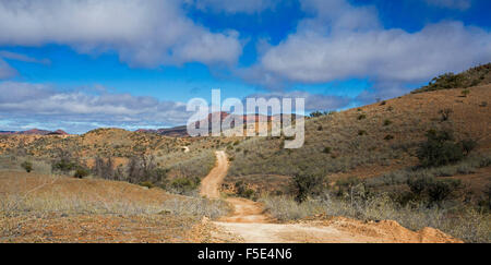 Vue panoramique sur route sinueuse qui serpente à travers un paysage de collines dénudées du Parc National de Gammon sous ciel bleu, l'arrière-pays australien Banque D'Images