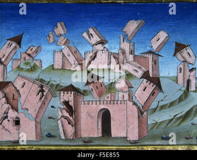 Cristoforo de Predis (1440-1486). Miniaturiste italien. Représentant la miniature fin du monde et le Jugement Dernier. Toutes les maisons et les villages sont détruits. 6ème temps. Dans les histoires de Saint Joachim, Sainte Anne, la Vierge Marie, Jésus, le Baptiste et la fin du monde, 1476, écrit par Galeazzo Maria Sforza (1444-1476). Bibliothèque royale. Turin. L'Italie. Banque D'Images