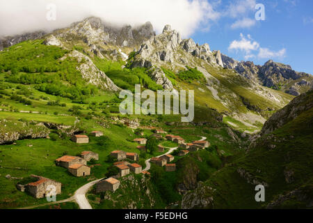 Vieilles fermes près de Sotres, Picos de Europa, Parque Nacional de los Picos de Europa, Asturias, Cantabria, Spain, Europe Banque D'Images