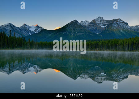 La gamme Bow reflète dans Herbert Lake à l'aube, Banff National Park, Alberta, Canada Banque D'Images