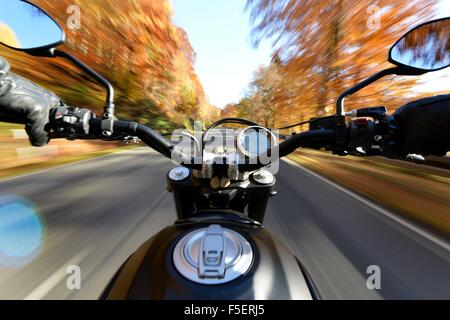 Pilote moto en automne, en Allemagne, près de ville de Braunlage 2. Novembre 2015. Photo : Frank May Banque D'Images