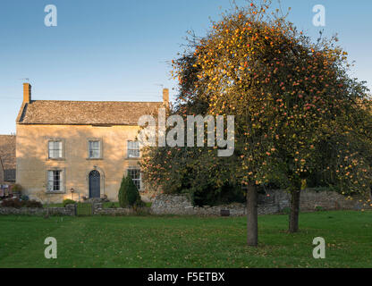 Cotswold cottage d'automne et de pommiers de Naunton. Cotswolds, Gloucestershire, Angleterre Banque D'Images