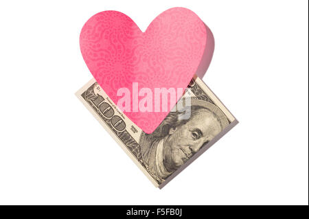 One Hundred Dollar Bill pliée avec Heart-Shaped Postit Note Banque D'Images