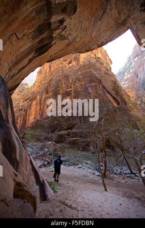 Zion National Park, Utah, USA. 09Th avr, 2012. Randonneurs dans le 'narrows' désert gorge de la Virgin River dans la région de Zion Canyon. Zion National Park est situé dans le sud-ouest des États-Unis, près de Springdale, en Utah. Une caractéristique importante des 229 kilomètres carrés de parc est Zion Canyon, qui est de 15 miles de long et jusqu'à un demi-mille de profondeur, couper à travers la couleur rouge et de couleur beige grès Navajo par l'embranchement nord de la rivière Virgin. Le parc comprend les montagnes, les canyons, les buttes, les mesas, monolithes, rivières, slot canyons, arches naturelles et. © Ruaridh Stewart/ZUMAPRESS.com/Alamy Live News Banque D'Images