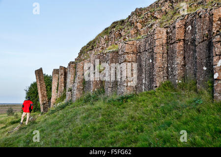 Randonneur admirant l'affleurement des orgues basaltiques, Dverghamrar nain (falaises), près de Foss, Islande Banque D'Images