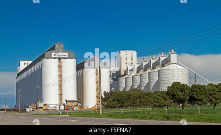 Vue panoramique sur les silos à grain blanc énorme et complexe de stockage à Port Giles s'élevant dans le ciel bleu sur la péninsule de Yorke en Australie du Sud Banque D'Images