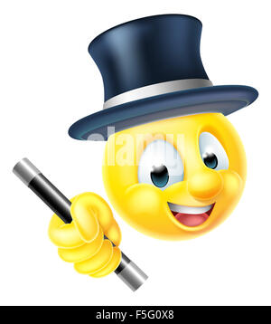 Un smiley emoticon emoji magicien personnage tenant une baguette magique et porter un grand chapeau Banque D'Images