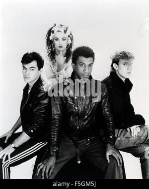 CULTURE CLUB photo de promotion de groupe pop anglais de 1982. De gauche à droite : Jon Moss, Boy George, Mickey Craig, Roy Hay Banque D'Images