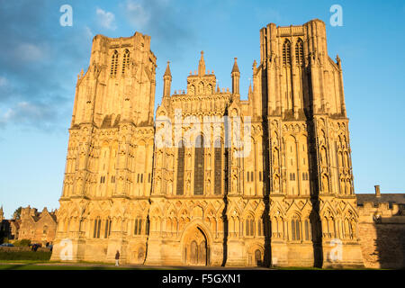 Coucher du soleil.West Face de la cathédrale de Wells, Somerset, Angleterre. Banque D'Images