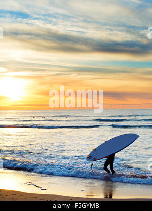 Man carrying surf sur la plage au coucher du soleil. Sagres, région de l'Algarve, Portugal Banque D'Images