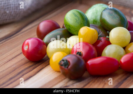 Les tomates fraîches dans toutes les différentes couleurs, formes et tailles Banque D'Images